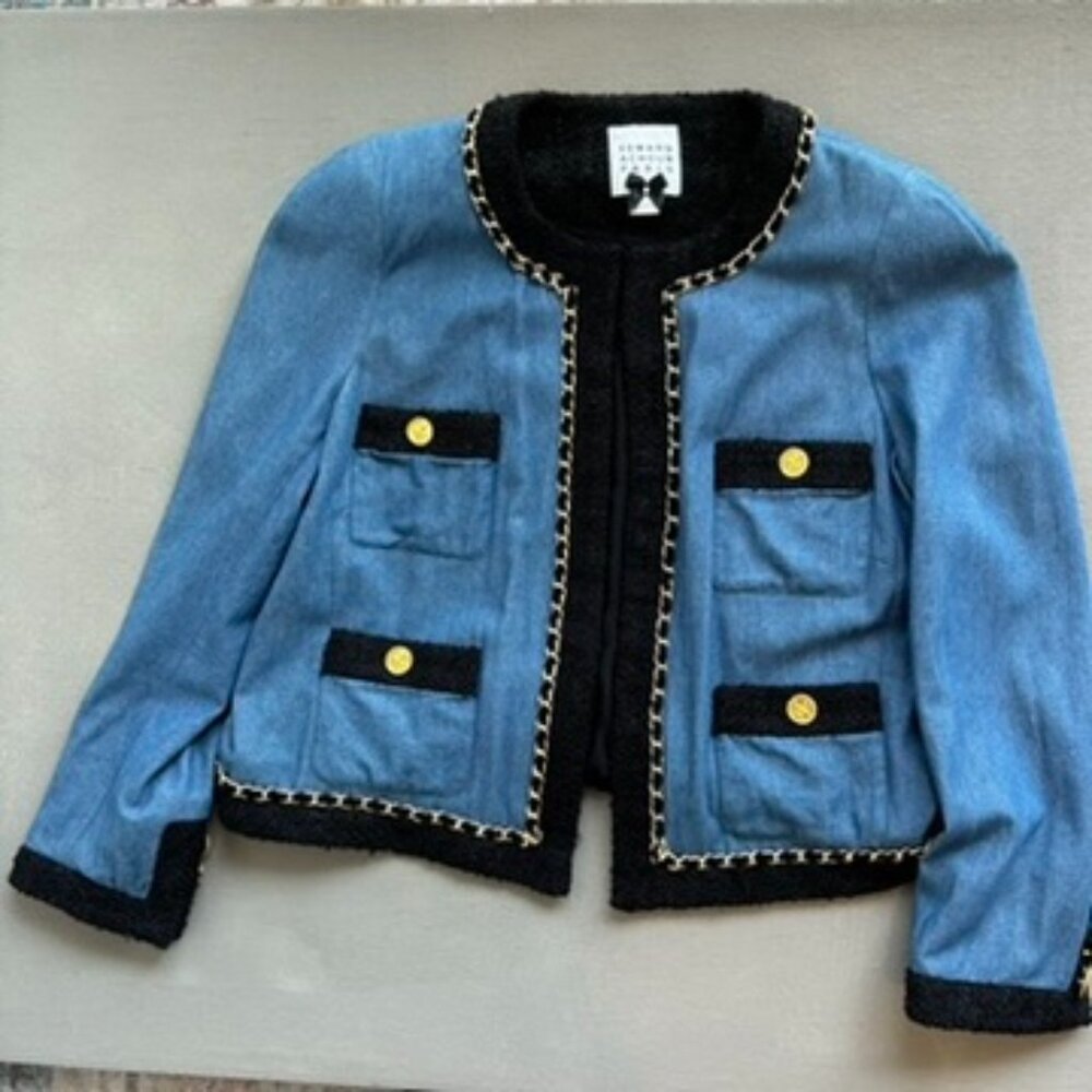 Elegant Blue Blazer with Black Trim and Gold Buttons